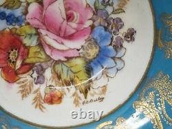 Vtg Aynsley Signed J. A. Bailey Tea Cup and Saucer Pink Cabbage Rose + Turquoise