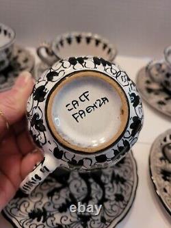 Vtg CA CF FAENZA Italy Black Dragon Teacup & Saucer Set of 6 (12pcs total)