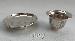 Vtg Early 20C Chinese Export Solid Silver Tea Bowl Cup & Dish Tray Crane & Tree