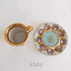 Vtg JKW Karlsbad Carlsbad Demitasse Teacup & Saucer Courting Couple Gold Gilt