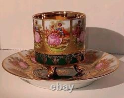 Vtg JKW Karlsbad Carlsbad Demitasse Teacup & Saucer Footed Gold Gilt NiCE