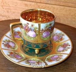 Vtg JKW Karlsbad Carlsbad Demitasse Teacup & Saucer Footed Gold Gilt NiCE