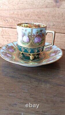 Vtg JKW Karlsbad Carlsbad Demitasse Teacup & Saucer Footed Gold Gilt NiCE