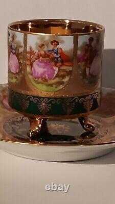 Vtg JKW Karlsbad Carlsbad Demitasse Teacup & Saucer Footed Gold Gilt NiCE