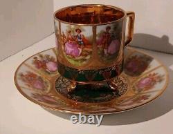 Vtg JKW Karlsbad Carlsbad Demitasse Teacup & Saucer Footed Gold Gilt NiCE