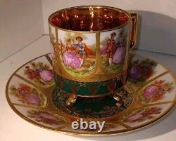 Vtg JKW Karlsbad Carlsbad Demitasse Teacup & Saucer Footed Gold Gilt NiCE