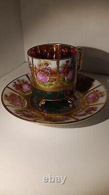 Vtg JKW Karlsbad Carlsbad Demitasse Teacup & Saucer Footed Gold Gilt NiCE