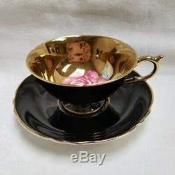 Vtg Paragon Cabbage Rose Gold On Black Tea Cup & Saucer Bone China #1