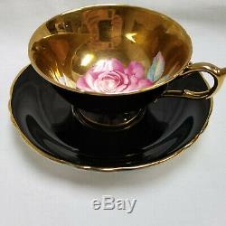 Vtg Paragon Cabbage Rose Gold On Black Tea Cup & Saucer Bone China #2