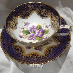 Vtg Paragon Fine Bone China Cobalt Blue & Gold Purple Violets Tea Cup Saucer Set