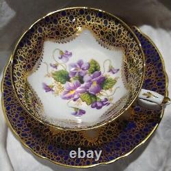 Vtg Paragon Fine Bone China Cobalt Blue & Gold Purple Violets Tea Cup Saucer Set