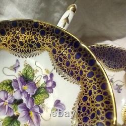 Vtg Paragon Fine Bone China Cobalt Blue & Gold Purple Violets Tea Cup Saucer Set