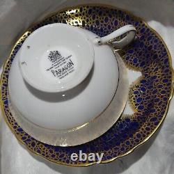 Vtg Paragon Fine Bone China Cobalt Blue & Gold Purple Violets Tea Cup Saucer Set