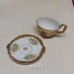 Vtg Rare Victorian Mini Hand Painted Leaf Bumblebee Gilt Gold Tea Cup Saucer Set