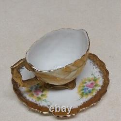 Vtg Rare Victorian Mini Hand Painted Leaf Bumblebee Gilt Gold Tea Cup Saucer Set