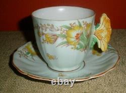 Vtg Teacup Cup & Saucer Butterfly Handle Mint Green with Floral Yellow EXC #13
