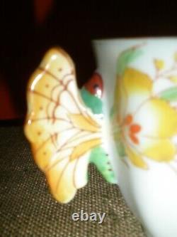 Vtg Teacup Cup & Saucer Butterfly Handle Mint Green with Floral Yellow EXC #13