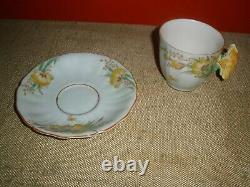 Vtg Teacup Cup & Saucer Butterfly Handle Mint Green with Floral Yellow EXC #13