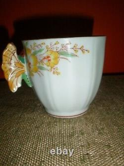 Vtg Teacup Cup & Saucer Butterfly Handle Mint Green with Floral Yellow EXC #13