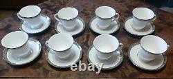 Waterford LAUREL Tea Cup & Saucer Set of 8 Gray Leaf Band Platinum Rim China