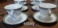 Waterford LAUREL Tea Cup & Saucer Set of 8 Gray Leaf Band Platinum Rim China