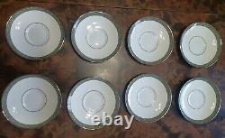 Waterford LAUREL Tea Cup & Saucer Set of 8 Gray Leaf Band Platinum Rim China